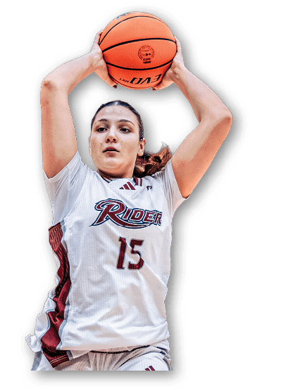 Person wearing a white and maroon basketball uniform with the number 15 is jumping or reaching upwards. Description generated by AI