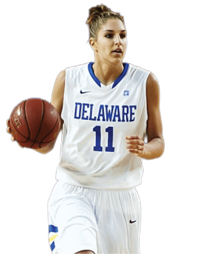 A person wearing a white basketball uniform with “DELAWARE" and the number 11 is dribbling a basketball against a solid red background. Description generated by AI