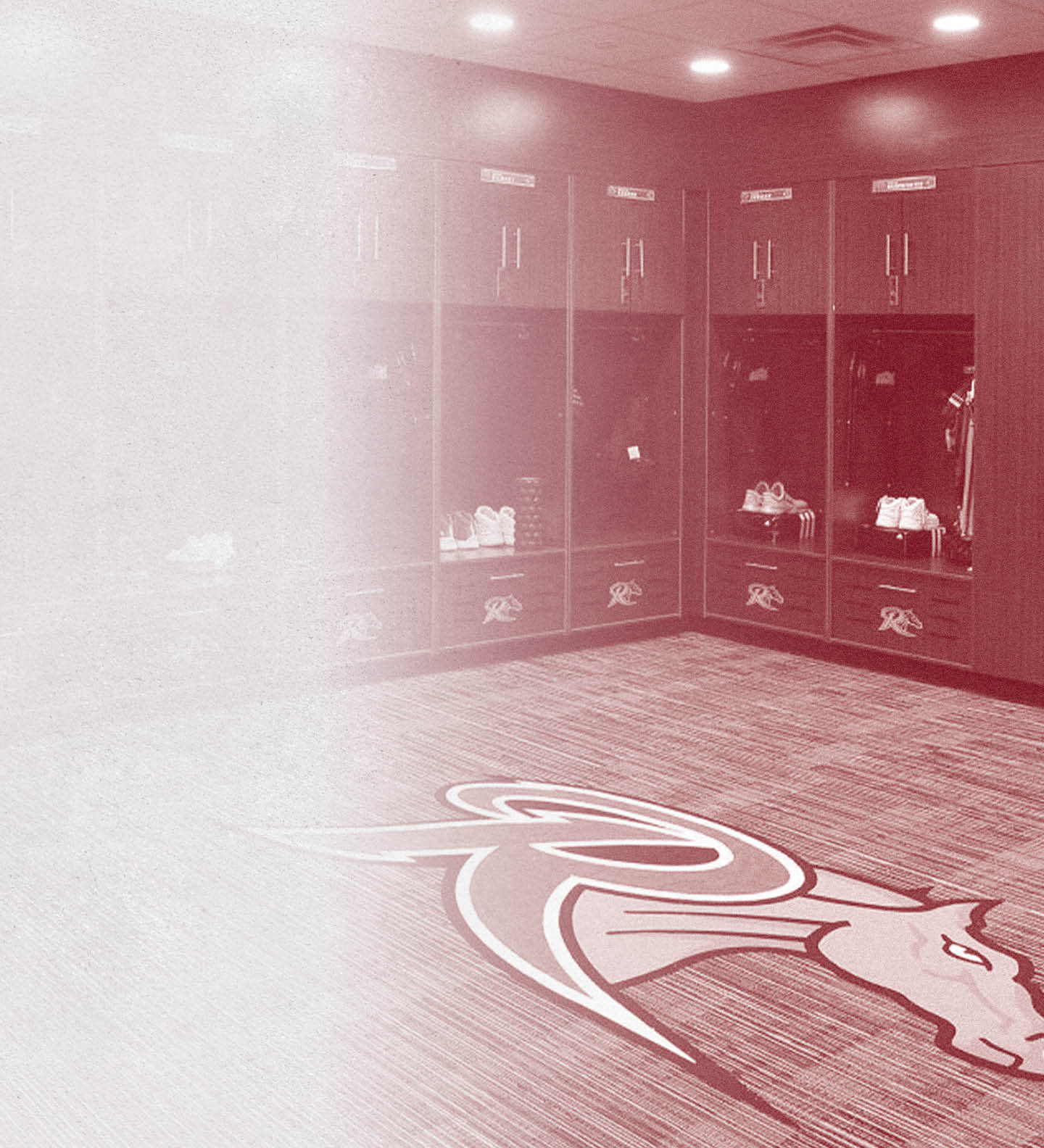 A sports locker room with wooden lockers, some containing shoes and clothing, and a large logo of a stylized animal head on the carpeted floor. Description generated by AI