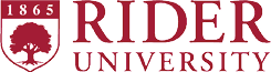 The Rider University logo features a red shield with a white tree silhouette and the year 1865 above it, accompanied by the text “RIDER UNIVERSITY" in red. Description generated by AI