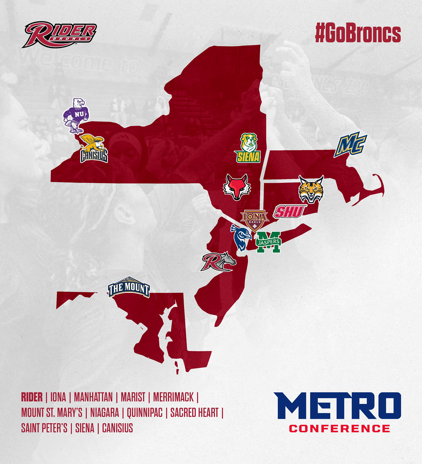A stylized map of the northeastern United States features logos of various Metro Conference college sports teams placed over their respective locations with the hashtag #GoBroncs and the conference name displayed. Description generated by AI