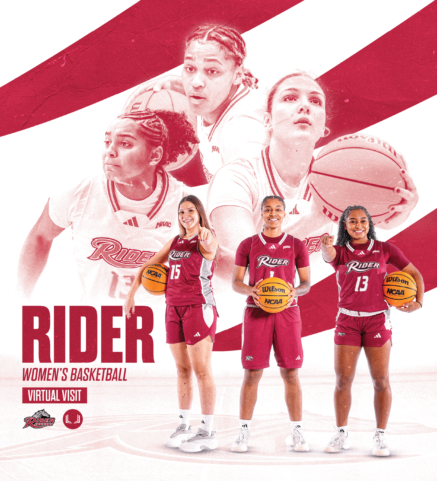 Three adults in maroon basketball uniforms holding basketballs stand in front of a background featuring larger faded images of players in action with the text Rider Women's Basketball Virtual Visit. Description generated by AI