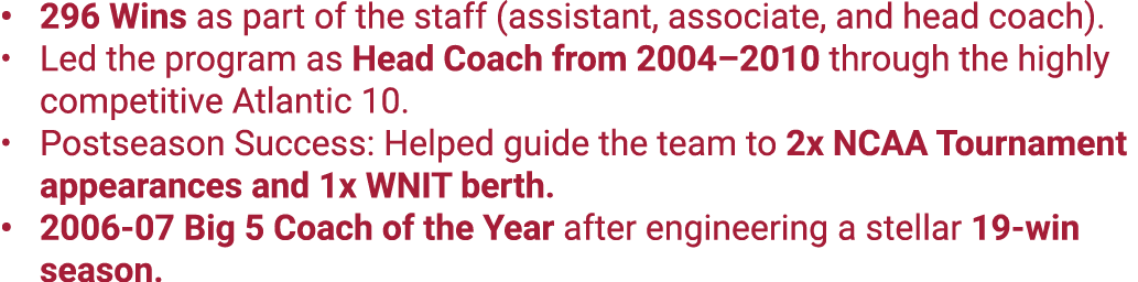 296 Wins as part of the staff (assistant, associate, and head coach). Led the program as Head Coach from 2004–2010 th...