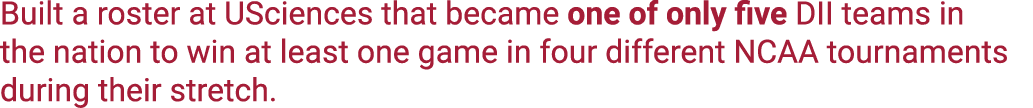 Built a roster at USciences that became one of only five DII teams in the nation to win at least one game in four dif...