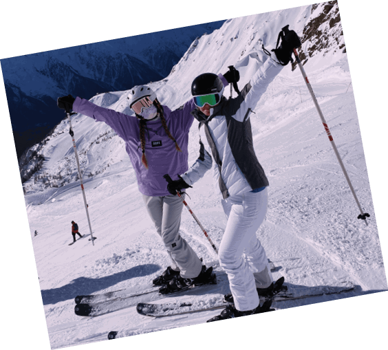 Two people on skis on a snowy mountain, one with a purple jacket and the other with a gray jacket. AI generated content
