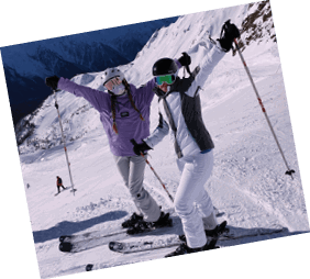 Two people on skis on a snowy mountain, one with a purple jacket and the other with a gray jacket. AI generated content