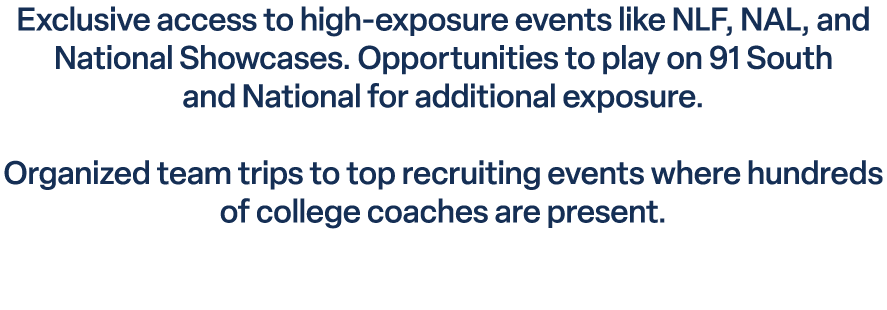 Exclusive access to high exposure events like NLF, NAL, and National Showcases. Opportunities to play on 91 South and...