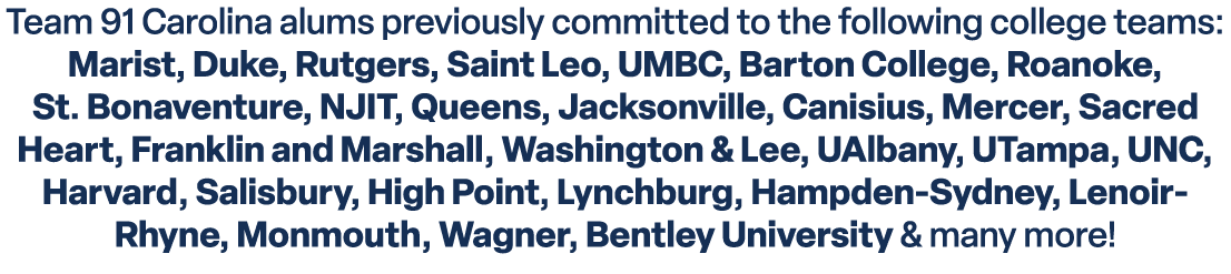 Team 91 Carolina alums previously committed to the following college teams: Marist, Duke, Rutgers, Saint Leo, UMBC, B...