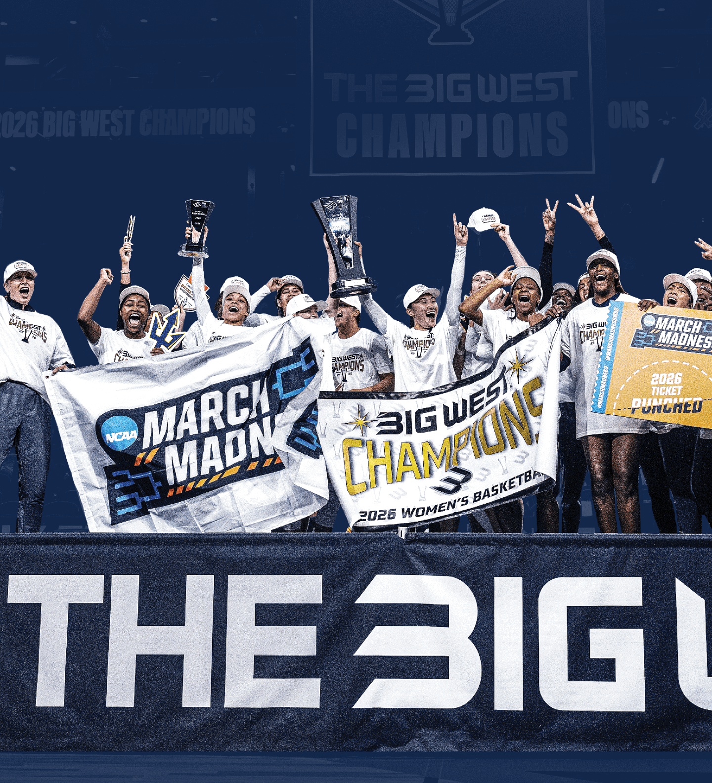 A group of people holding up trophies and banners. AI generated content