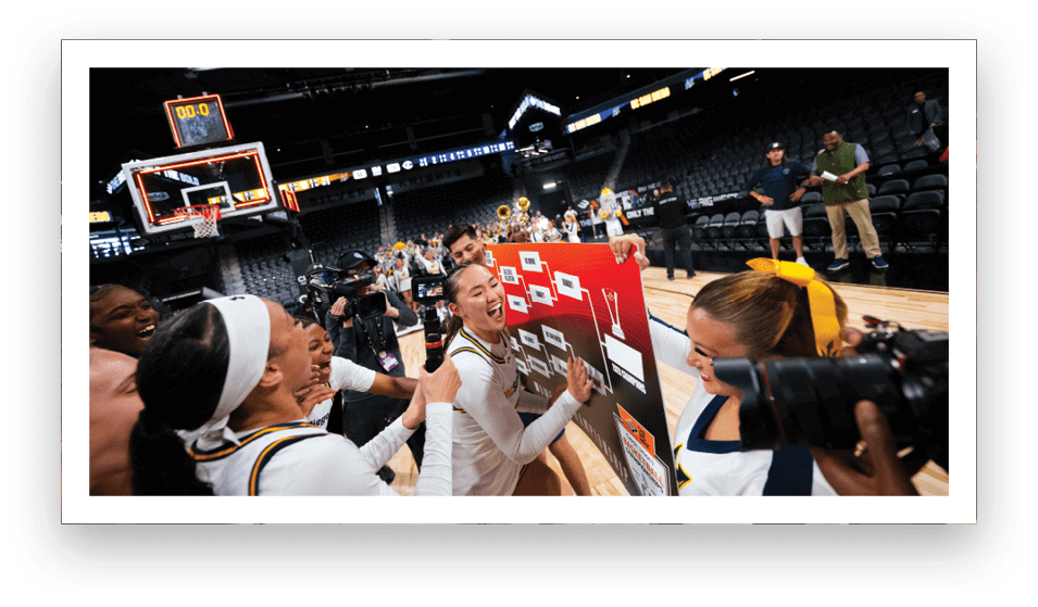 A group of people celebrating a victory, with one person holding a trophy. AI generated content