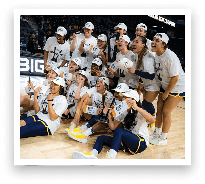 A group of women wearing white hats and blue shirts pose for a photo on a basketball court. AI generated content