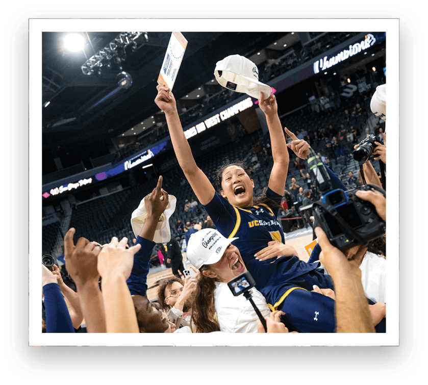 A group of people celebrating a victory, with one person holding a trophy. AI generated content