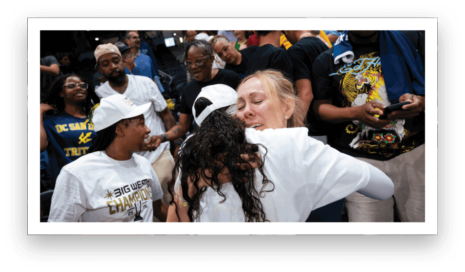 A group of people celebrating a victory, with one person holding a trophy. AI generated content