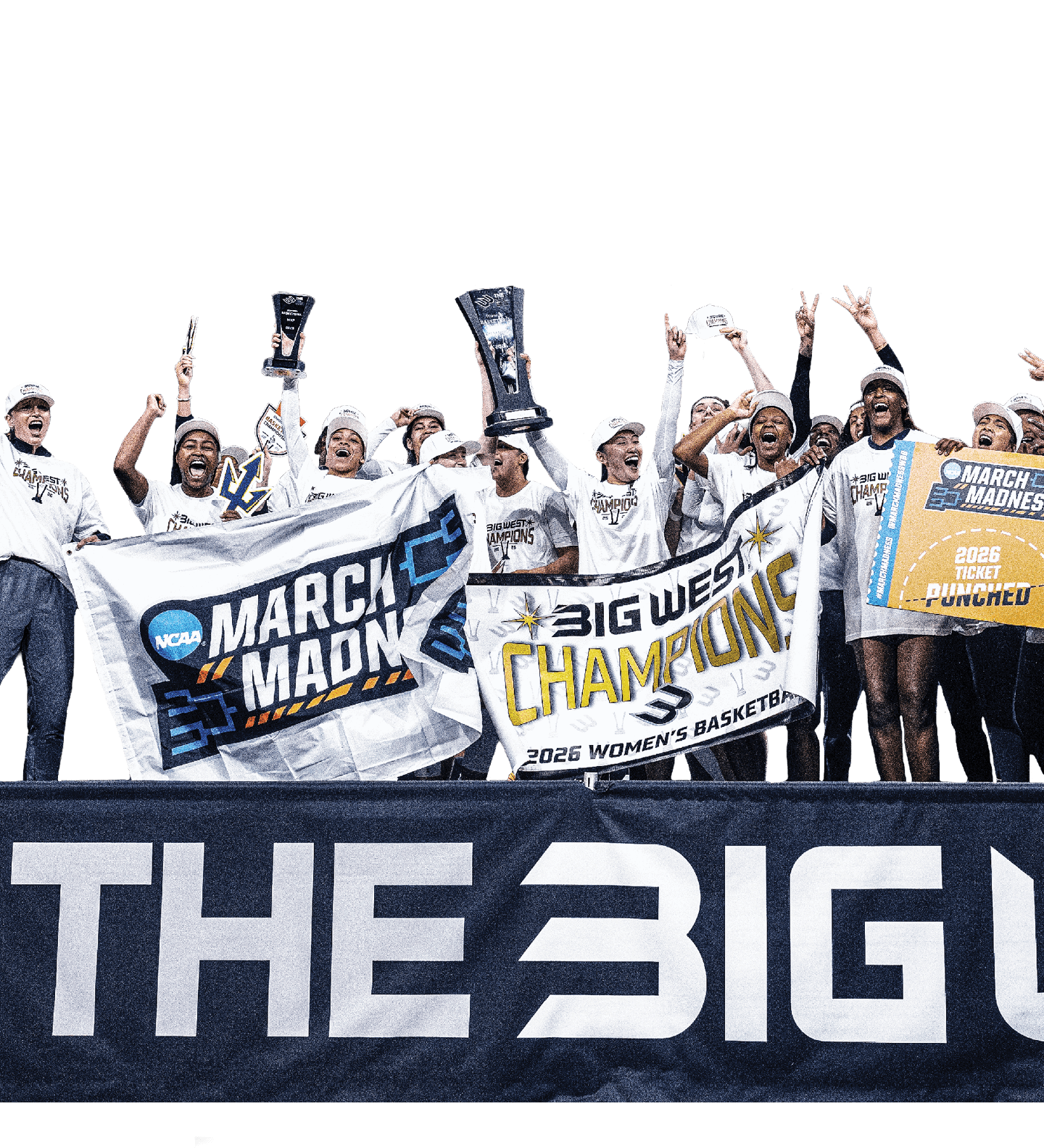 A group of people are holding up signs and banners that say “The Big West" and "March Madness". AI generated content