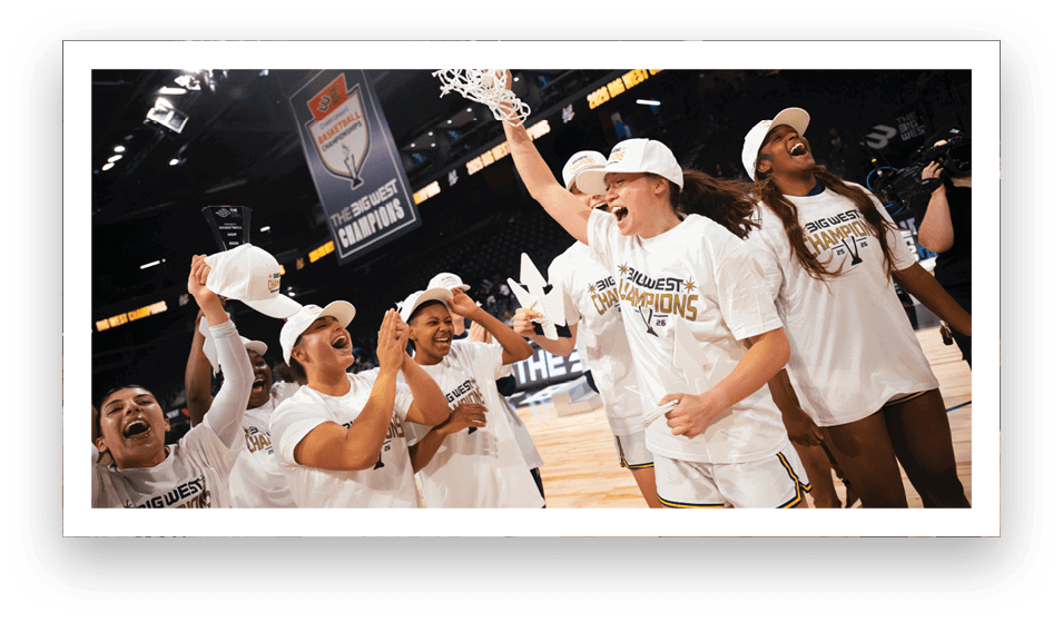A group of people celebrating a victory, with one person holding a trophy. AI generated content