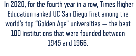  In 2020, for the fourth year in a row, Times Higher Education ranked UC San Diego first among the world’s top “Golde...