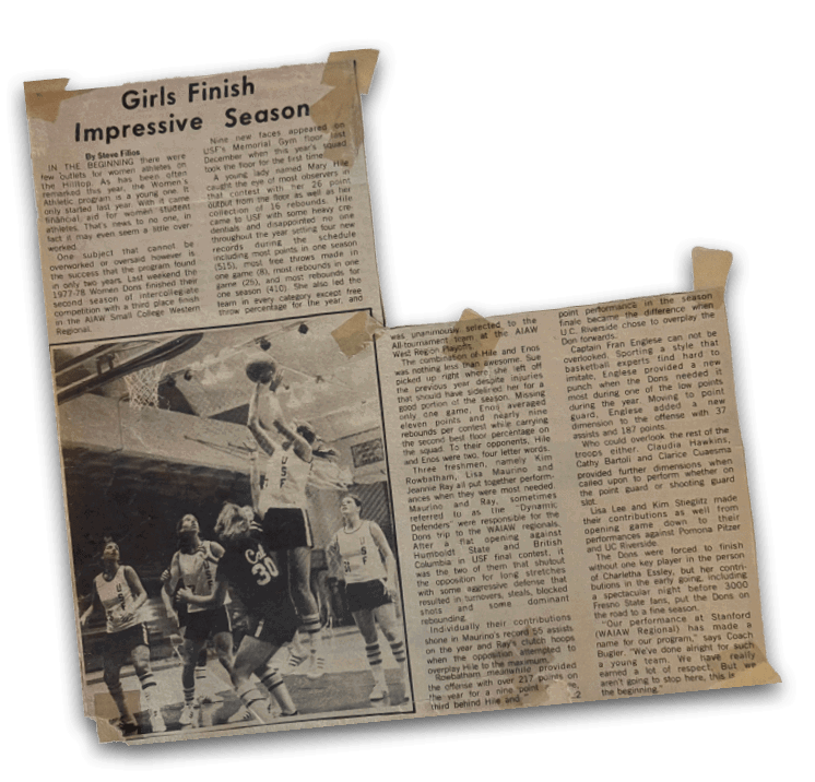 A newspaper clipping features an article titled “Girls Finish Impressive Season" alongside a black and white photo of people playing basketball in a gym. Description generated by AI