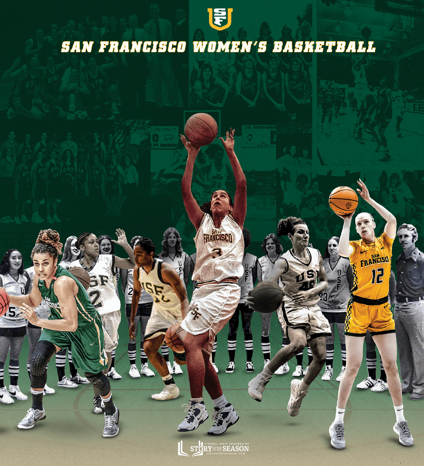 A collage of basketball players in various action poses wearing San Francisco team uniforms is set against a green background with the text San Francisco Women's Basketball at the top. Description generated by AI