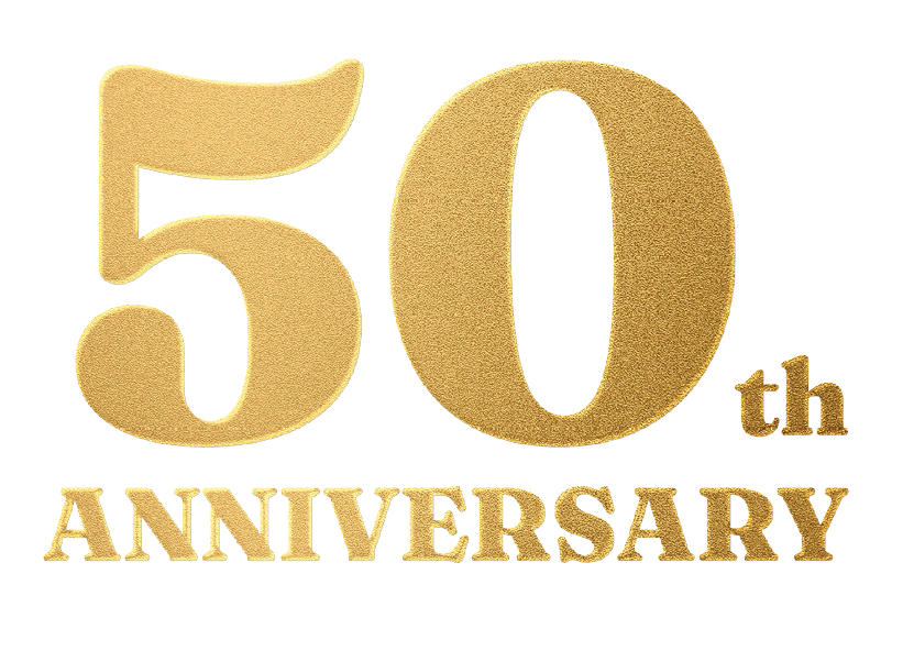 Gold glittery text reading “50th Anniversary" on a white background. Description generated by AI