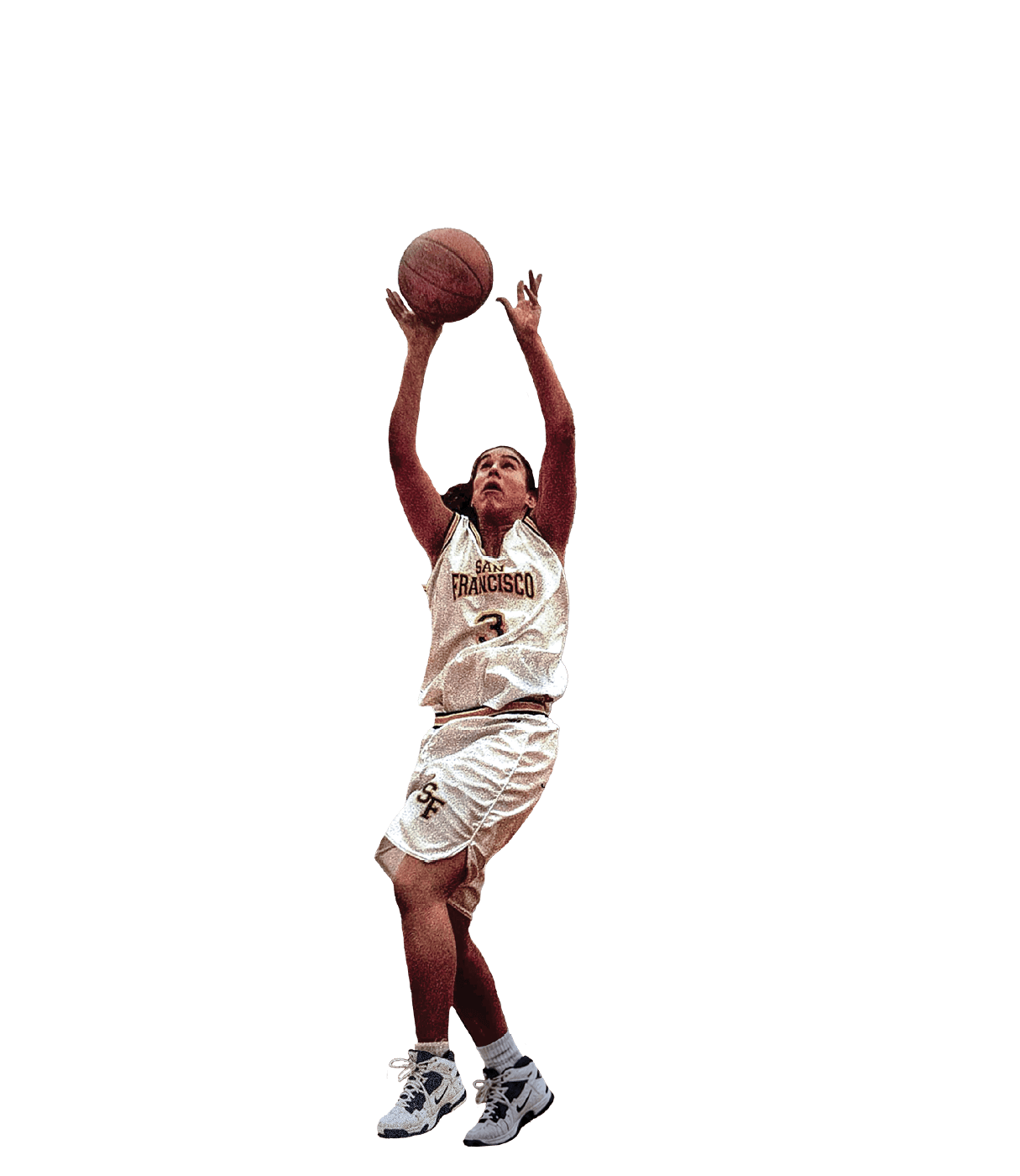 A person wearing a San Francisco basketball uniform is jumping and shooting a basketball. Description generated by AI