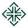 A symmetrical dark green geometric design with four arrows pointing outward from a central cross shape enclosed within a diamond outline. Description generated by AI