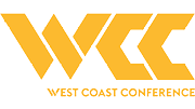 The logo features bold, stylized yellow letters “WCC" with the text "West Coast Conference" underneath in a matching yellow color. Description generated by AI